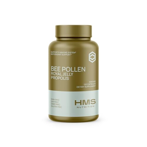 HMS Nutrition Premium Bee Pollen Daily Dietary Supplement - Includes Propolis & Royal Jelly - 3250mg Non-GMO, 120 Vegetarian Capsules - 30 Day Supply