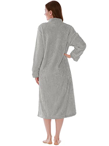 PAVILIA Womens Housecoat Zip Robe, Sherpa Zip Up Front Robe Bathrobe, Fuzzy Warm Zipper House Coat Lounger for Women Ladies Elderly with Pockets, Fluffy Fleece Long - Light Gray (Large/X-Large)