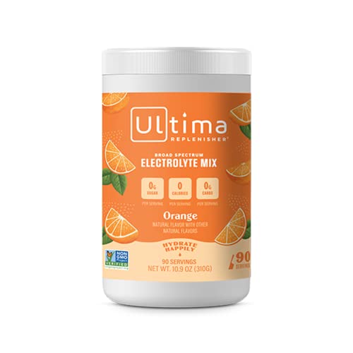 Ultima Replenisher Electrolyte Hydration Powder, Orange, 90 Servings - Sugar Free, 0 Calories, 0 Carbs - Gluten-Free, Keto, Non-GMO, Vegan, 10.8 Ounce (Pack of 1)