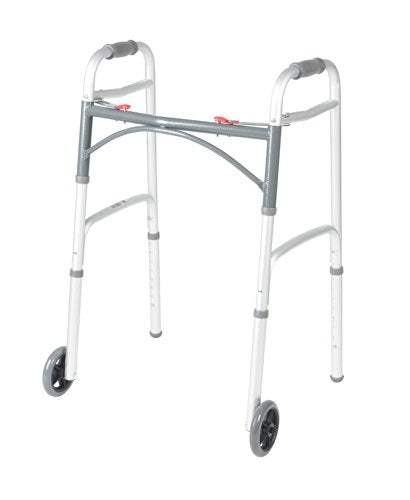 Drive Medical 10210-1 2-Button Folding Walker with Wheels, Rolling Walker, Front Wheel Walker, Lightweight Walkers for Seniors and Adults Weighing Up To 350 Pounds, Adjustable Height, Silver