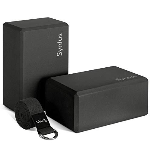 Syntus Yoga Block and Yoga Strap Set, 2 EVA Foam Soft Non-Slip Yoga Blocks 9×6×4 inches, 8FT Metal D-Ring Strap for Yoga, General Fitness, Pilates, Stretching and Toning, Black