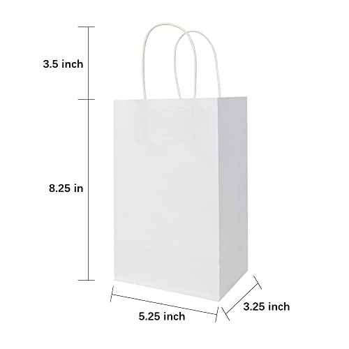 Oikss 100 Pack 5.25x3.25x8.25 Inch Small Kraft Bags with Handles Bulk, Paper Bags Birthday Wedding Party Favors Grocery Retail Shopping Business Goody Craft Gift Bags Cub Sacks (White 100PCS Count)