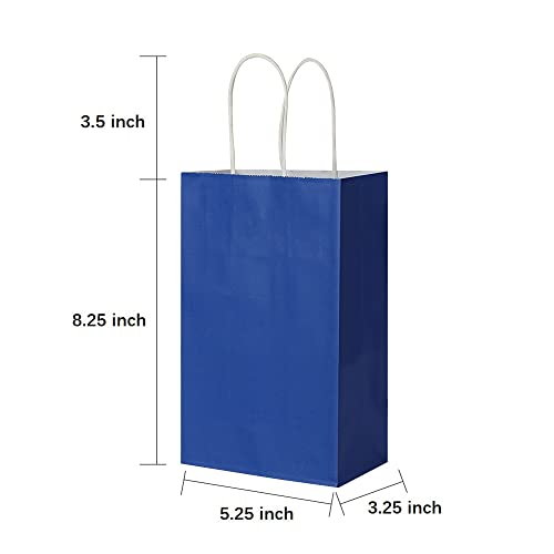 Oikss 100 Pack 5.25x3.25x8.25 inch Small Kraft Bags with Handles Bulk, Paper Bags Birthday Wedding Party Favors Grocery Retail Shopping Business Goody Craft Gift Bags Sacks (Royal Blue 100PCS Count)