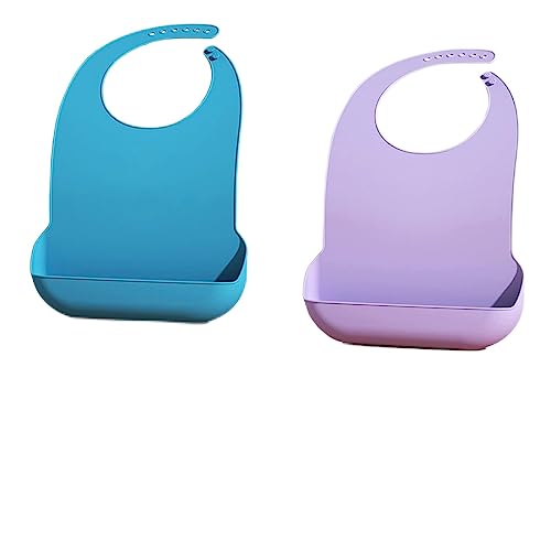 HADEWEITE 2 pieces adult bib Large silicone adult bibs with crumb catcher, adjustable waterproof clothes protector, Bibs for Elderly Women and Men, Senior Citizen Feeding Bibs - Unisex(blue, purple)