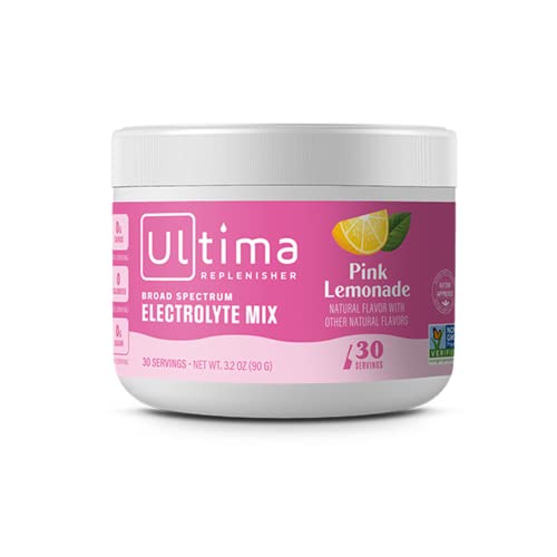 Ultima Replenisher Electrolyte Hydration Drink Mix, Pink Lemonade, 30 Serving Tub - Sugar Free, 0 Calories, 0 Carbs - Gluten-Free, Keto, Non-GMO, Vegan