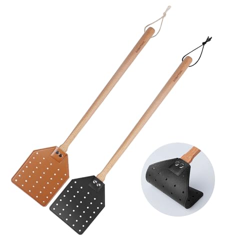 DEBETOOL 2 Pack Sturdy Leather Fly Swatter for Indoors - (19.7”)Long Handle Heavy Duty Wood Fly Swatter With Hanging Rope, Durable Fly Swatter for Outdoor Rustic Bug Swatter Flies,Mosquitoes And Bees