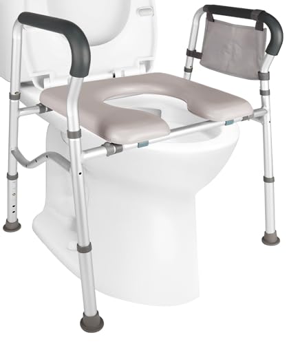 Raised Toilet Seat with Handles, 6 Levels Adjustable Height Fits Most Toilets Elevated Toilet Seat Riser with Cozy Padded&Storage Bag, Toilet Safety Frame for Seniors,Handicap,Pregnant,Support 350lbs