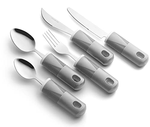 Special Supplies Adaptive Utensils (5-Piece Kitchen Set) Wide, Non-Weighted, Non-Slip Handles for Hand Tremors, Arthritis, Parkinson’s or Elderly Use - Stainless Steel (Grey)