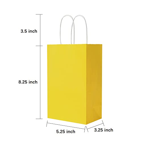 Oikss 100 Pack 5.25x3.25x8.25 inch Small Kraft Bags with Handles Bulk, Paper Bags Birthday Wedding Party Favors Grocery Retail Shopping Business Goody Craft Gift Bags Cub Sacks (Yellow 100PCS Count)