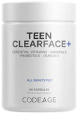 Codeage Teen Clearface Adolescent Face, Skin & Pimples, Vitamins A, C, D3, E, Pantothenic Acid, Niacin, Zinc Supplement Teenagers, Probiotics, L-Lysine, Omega-3, Oily Skin, Pores, Spots - 60 Capsules