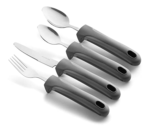 Special Supplies Adaptive Utensils (4-Piece Kitchen Set) Wide, Non-Slip Handles for Hand Tremors, Arthritis, Parkinson’s or Elderly Use, Stainless Steel Knife, Fork, Spoons (Gray Striped)