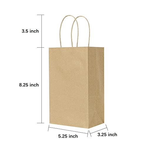 Oikss 100 Pack 5.25x3.25x8.25 Inch Small Plain Natural Paper Kraft Gift Bags with Handles Bulk for Birthday Party Favors Grocery Retail Shopping Business Goody Craft Bags Cub (Brown 100 Count)