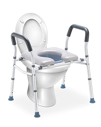 HEAO 3-in-1 Raised Toilet Seat, Adjustable Width/Height, Padded Seat with Splash Guard, Toilet Safety Frame, Shower Chair for Seniors, Handicap,Pregnant, 300 lbs