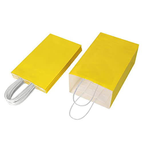 Oikss 100 Pack 5.25x3.25x8.25 inch Small Kraft Bags with Handles Bulk, Paper Bags Birthday Wedding Party Favors Grocery Retail Shopping Business Goody Craft Gift Bags Cub Sacks (Yellow 100PCS Count)