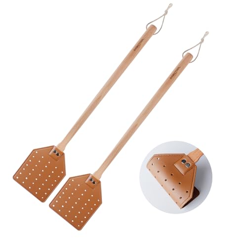 DEBETOOL Fly Swatter Set - 2 Pack Wooden Leather Fly Swatter with Hanging Rope, Heavy Duty Fly Swatter for Indoors and Outdoors (2 Brown)