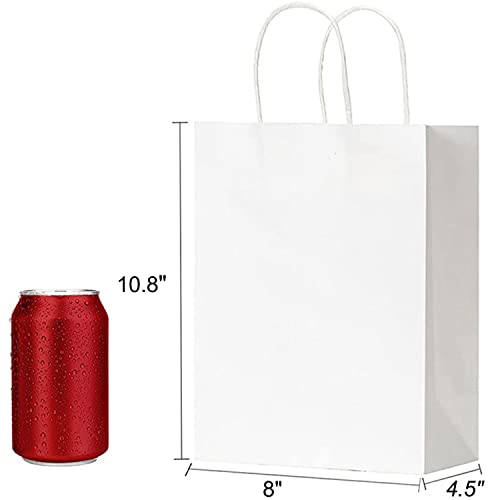 RACETOP White Paper Bags with Handles Bulk 8"x4.5"x10.8" 100Pcs Gift Bags Medium Size, White Gift Bags with Handles, Gift Bags Bulk, Retail Bags, Party Bags, Shopping Bags, Merchandise Bags