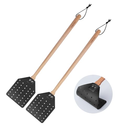 DEBETOOL Indoor Leather Fly Swatter - 2 Pack Long Handle Heavy Duty Fly Swatter with Hanging Rope, Wood Fly Swatter Manual for Kitchen/Home Indoor and Outdoor Flies