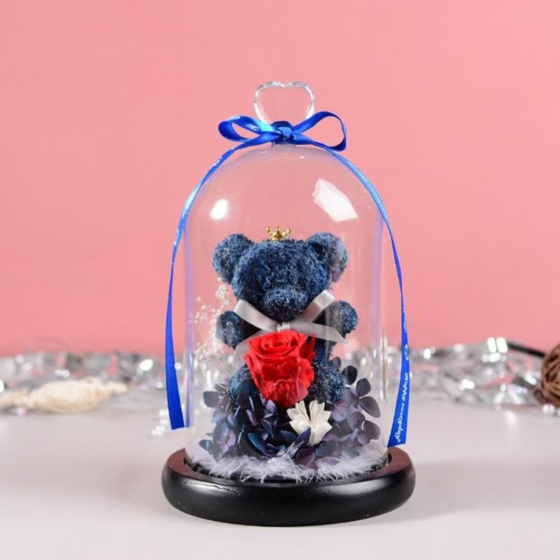 Eternal Teddy Bear Fresh Rose Flowers In Glass Dome With LED Light In A Flask Immortal Rose Valentine's Day Mother's Day Gifts