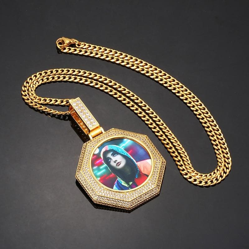 New Octagon Custom Made Picture Medallions Necklace Pendant Cubic Zircon Tennis Chain Men's Hip Hop Fashion Jewelry