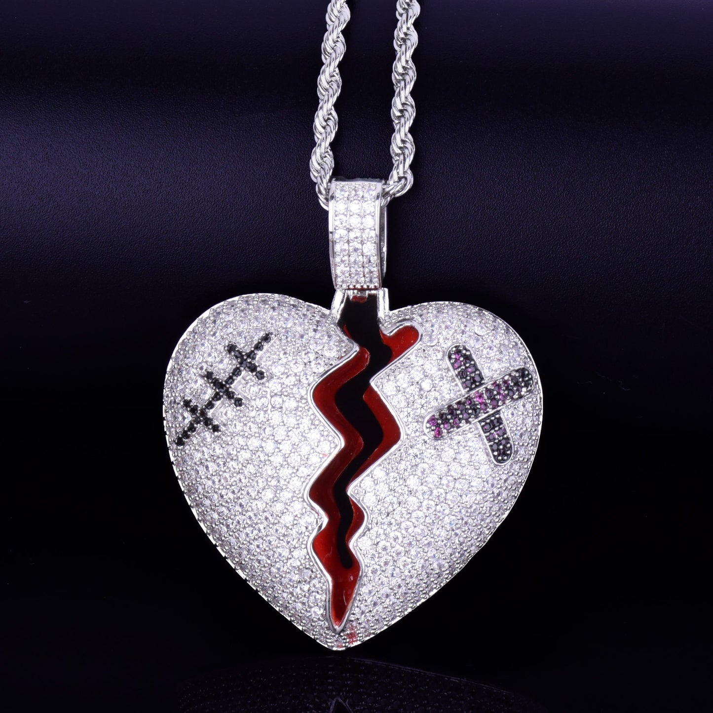 Red Color oil Broken Heart Pendant With Tennis Chain Necklace Gold Color Cubic Zircon Men's Hip hop Street Rock Jewelry