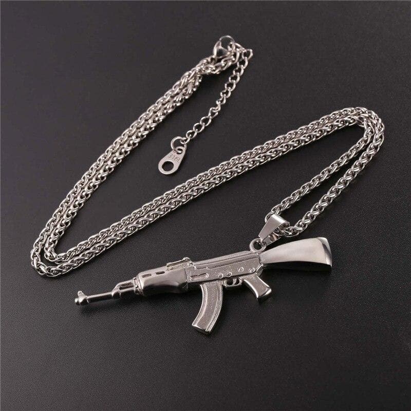 Hip Hop Jewelry AK47 Assault Uzi Rifle Pattern Necklace Gold Stainless Steel Rock Army Style Pendant & Chain For Men