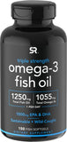 Sports Research Triple Strength Omega 3 Fish Oil - Burpless Fish Oil Supplement w/EPA & DHA Fatty Acids from Wild Caught Fish - Heart, Brain & Immune Support for Men & Women - 1250 mg, 150 ct