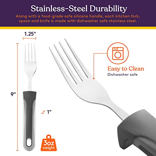 Special Supplies Adaptive Utensils (4-Piece Kitchen Set) Wide, Non-Slip Handles for Hand Tremors, Arthritis, Parkinson’s or Elderly Use, Stainless Steel Knife, Fork, Spoons (Gray Striped)