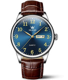 OLEVS Brown Men Watches Blue Big Dial Leather Analog Mens Watch Casual Luminous Easy Reader Watches for Elderly Three Hands Dress Watch Day and Date Impermeable Male Watch for Fathers Gifts