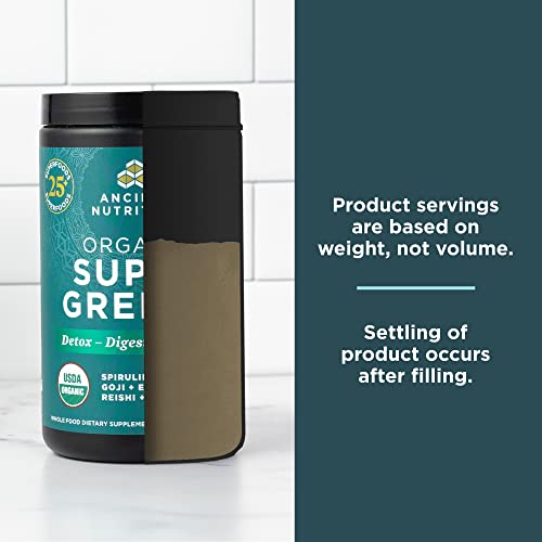 Ancient Nutrition Super Greens Powder, Organic Superfood Powder with Probiotics Made with Spirulina, Chlorella, Matcha, and Digestive Enzymes, 25 Servings, 7.5oz