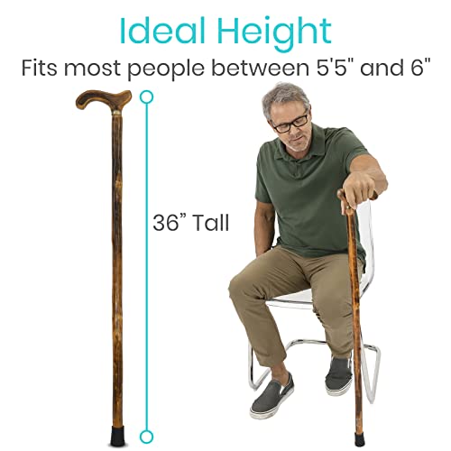 Vive Wooden Walking Stick Cane - for Men, Women, & Seniors - 36 Inch Single Point Rubber Tip with Willow Handle - Ergonomic Grip for Balance & Stability - Lightweight Elderly Assistance Product