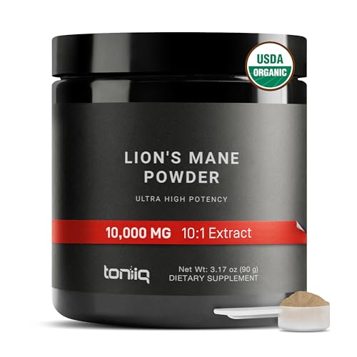 10,000mg 10x Concentrated Ultra High Strength Organic Lions Mane Powder - Made with Lions Mane Mushroom - 30% Polysaccharides - Highly Concentrated and Bioavailable - 90g Lions Mane Supplement Powder