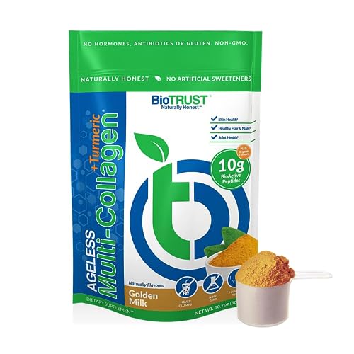 BioTrust Ageless Multi Collagen Peptides Powder – 5 Types (I, II, III, V, X) + Turmeric – Hydrolyzed Protein for Hair, Skin, Nails, Joint Health – Grass Fed Beef, Fish, Chicken, Eggshell (Golden Milk)