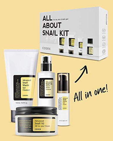 COSRX All About Snail Korean Skincare | TSA Approved Travel Size, Gift Set with Facuak Cleanser, Essence, Cream & Eye-cream, Repairing, Recovering, Rejuvenating Kit with Snail Mucin, Korean Skincare