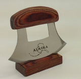 Alaska Ulu Knife Natural Exotic Wood Stand Etched Blade