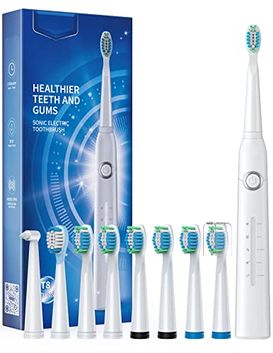 TEETHEORY Electric Toothbrush for Adults with 8 Brush Heads, Sonic Electric Toothbrush with 40000 VPM Deep Clean 5 Modes, Rechargeable Toothbrushes Last 30 Days (White)