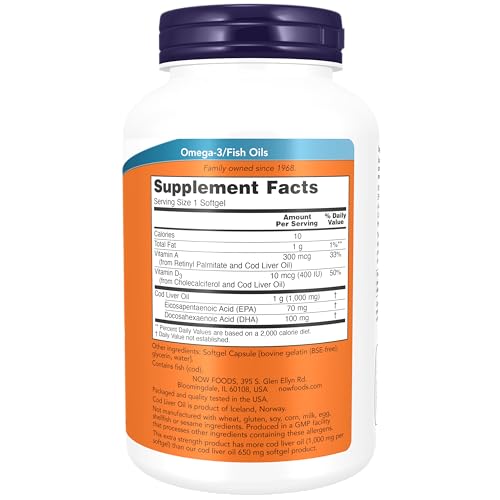 NOW Supplements, Cod Liver Oil, Extra Strength 1,000 mg with Vitamins A & D-3, EPA, DHA, 180 Softgels