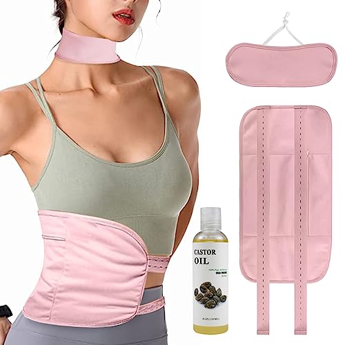 Castor Oil Pack Wrap Reusable Castor Oil Packs for Liver Detox Waist and Neck Wrap for Thyroid, Constipation Inflammation (Castor Oil Included) Pink