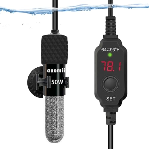 auomii Small Submersible Aquarium Heater,Adjustable Mini Fish Tank Heater 25/50/100/150/200/300 Watts with External Temperature Controller, LED Display, Smart Memory, Used for 1-60 Gallons (50W)