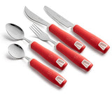 Special Supplies Adaptive Utensils 5-Piece Set Non-Weighted, Non-Slip Handles for Hand Tremors, Arthritis, Parkinson’s or Elderly Use - Stainless Steel Knife, Rocker Knife, Fork, Spoons - Red