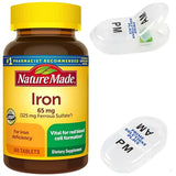 Nature Made Iron 65 mg - Essential for Red Blood Cell Formation, Iron Deficiency Support, 365 Tablets with Bonus AM/PM Mini Travel Pill Case.