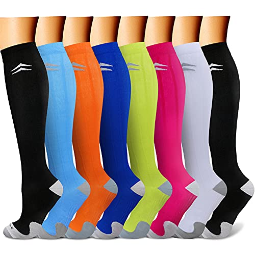 CHARMKING Compression Socks for Women & Men (8 Pairs) 15-20 mmHg Graduated Copper Support Socks are Best for Pregnant, Nurses - Boost Performance, Circulation, Knee High & Wide Calf (S/M, Multi 15)