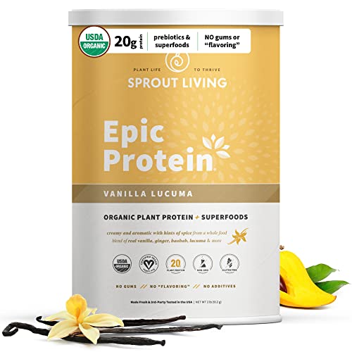 Sprout Living Epic Protein, Plant Based Protein & Superfoods Powder, Vanilla Lucuma Powder | 20 Grams Organic Protein Powder, Vegan, Non Dairy, Non-GMO, Gluten Free, Low Sugar (2 Pound, 24 Servings)
