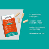 Omax Prebiotic & Probiotic 50 Billion CFU + Chicory Inulin, 10 Strains, Reduce Bloating, Digestion, SIBO, Leaky Gut, Vaginal pH, Acidophilus, Vegan, Dairy Free, Gluten Free, Blister Packaged