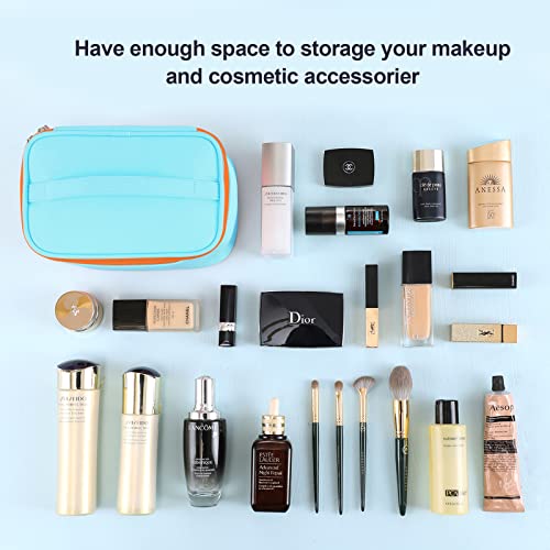 Makeup Bag Portable Travel Cosmetic Bag for Women, Beauty Zipper Makeup Organizer PU Leather Washable Waterproof (Light Blue)