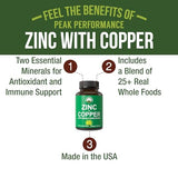 Zinc with Copper + Whole Food Blend of 25 Vegetables and Fruits for Max Absorption. Immune Support Supplement Capsules. Two Essential Minerals for Immunity. Zinc Vitamin Pills for Men and Women.