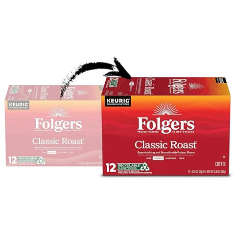 Folgers Classic Roast Medium Roast Coffee, 72 Keurig K-Cup Pods 12 Count (Pack of 6)