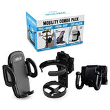 Mobility Combo Pack, Hook, Phone and Cup Holder for Walker, Portable Beverage Holder for Wheelchair and Strollers, Easy to Install Stretch Strap Fits up to 2” Diameter