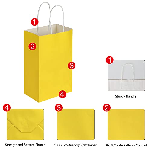 Oikss 100 Pack 5.25x3.25x8.25 inch Small Kraft Bags with Handles Bulk, Paper Bags Birthday Wedding Party Favors Grocery Retail Shopping Business Goody Craft Gift Bags Cub Sacks (Yellow 100PCS Count)