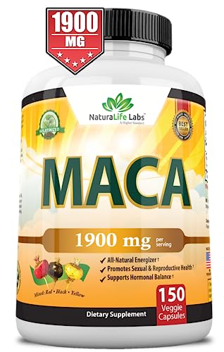 Organic Maca Root Black, Red, Yellow 1900 MG per Serving - 150 Vegan Capsules Peruvian Maca Root Gelatinized 100% Pure Non-GMO Supports Reproductive Health Natural Energizer