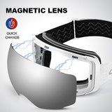 Odoland Magnetic Interchangeable Ski Goggles with 2 Lens, Large Spherical Frameless Snow Snowboard Goggles for Men Women, White Frame Sliver Lens vlt 15%